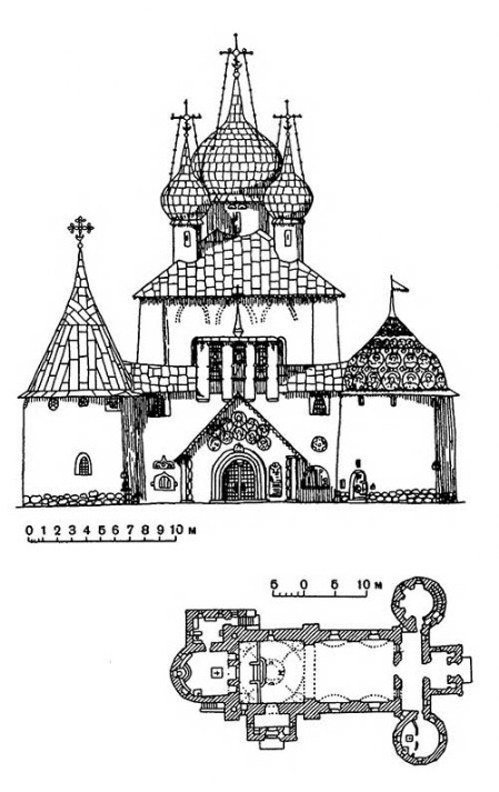Храм-памятник на Куликовом поле, начат в 1913г. А.В.Щусев. Главный фасад, план