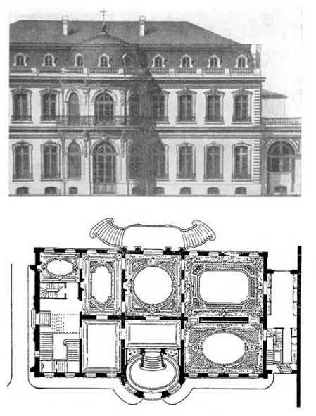 Проект городского особняка, 1850—1870 гг. Из увража Сезара Дали. Фасад. План 1-го этажа