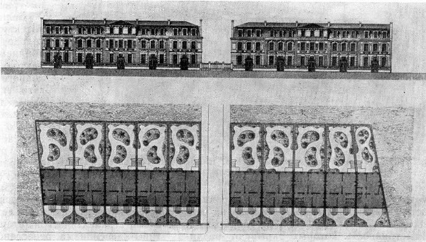 Проект типовой застройки городских предместий, 1850—1870 гг. Из увража Сезара Дали. Фасады. Планы