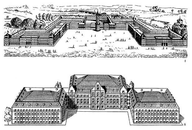 I — фаланстер Ш. Фурье; II — фамилистер Ш. Годена в Гизе, 1859 г. Общие виды