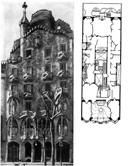 Барселона. Дом Батло, 1905—1907 гг. Гауди. Фасад, план