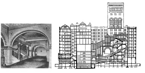Чикаго. Здание Аудитории, 1886—1889 гг. Л. Салливен. Интерьер, разрез