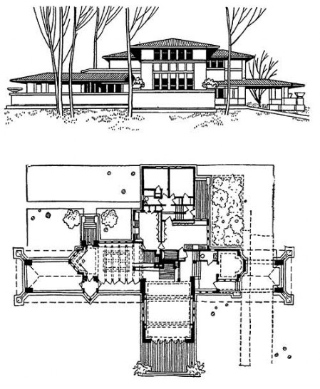 Хайланд Парк. Дом Уиллита, 1902 г. Ф.Л. Райт. Общий вид, план