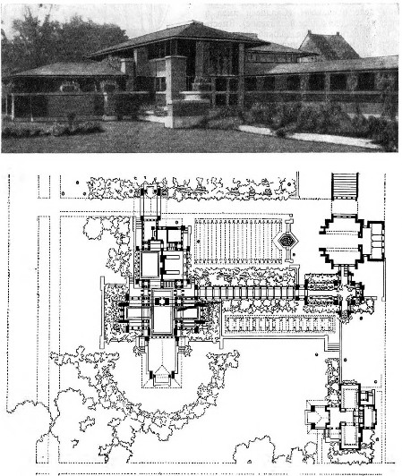 Буффало. Дом Мартина, 1904 г. Ф.Л. Райт. Общий вид, план
