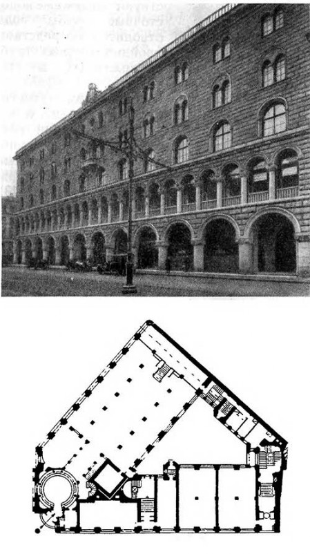 Петербург. Банк Вавельберга, 1910—1912 гг. М.М. Перетяткович. Общий вид, план 1-го этажа